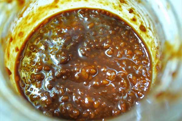 万能な調味料である醤油麹（茶色で、米麹のつぶつぶが見え、どろっとしている）