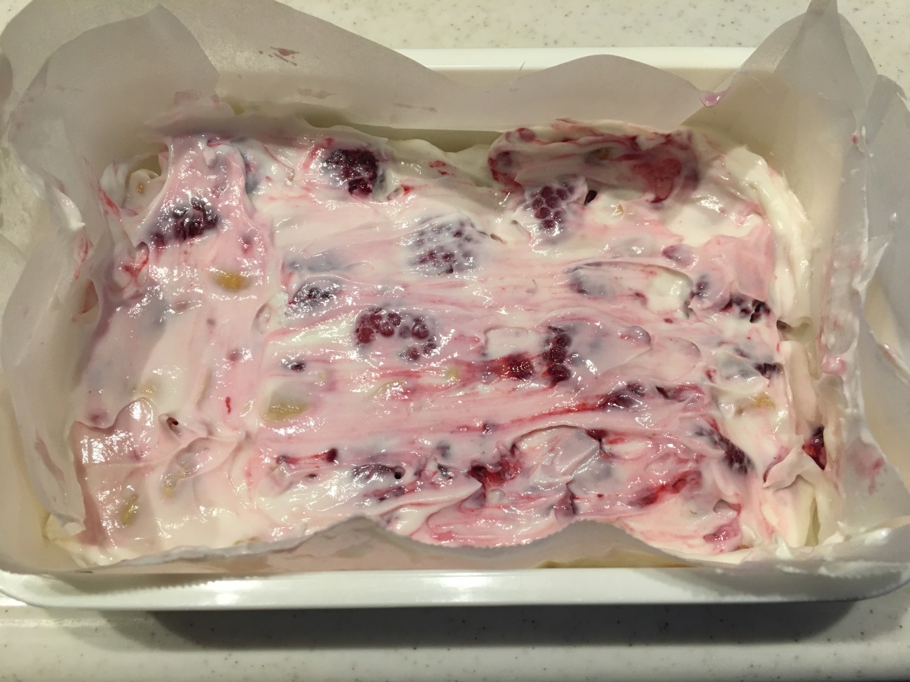 キッチンペーパーを敷いた冷凍OKの容器にラズベリーとミックスナッツを混ぜたヨーグルトを入れる